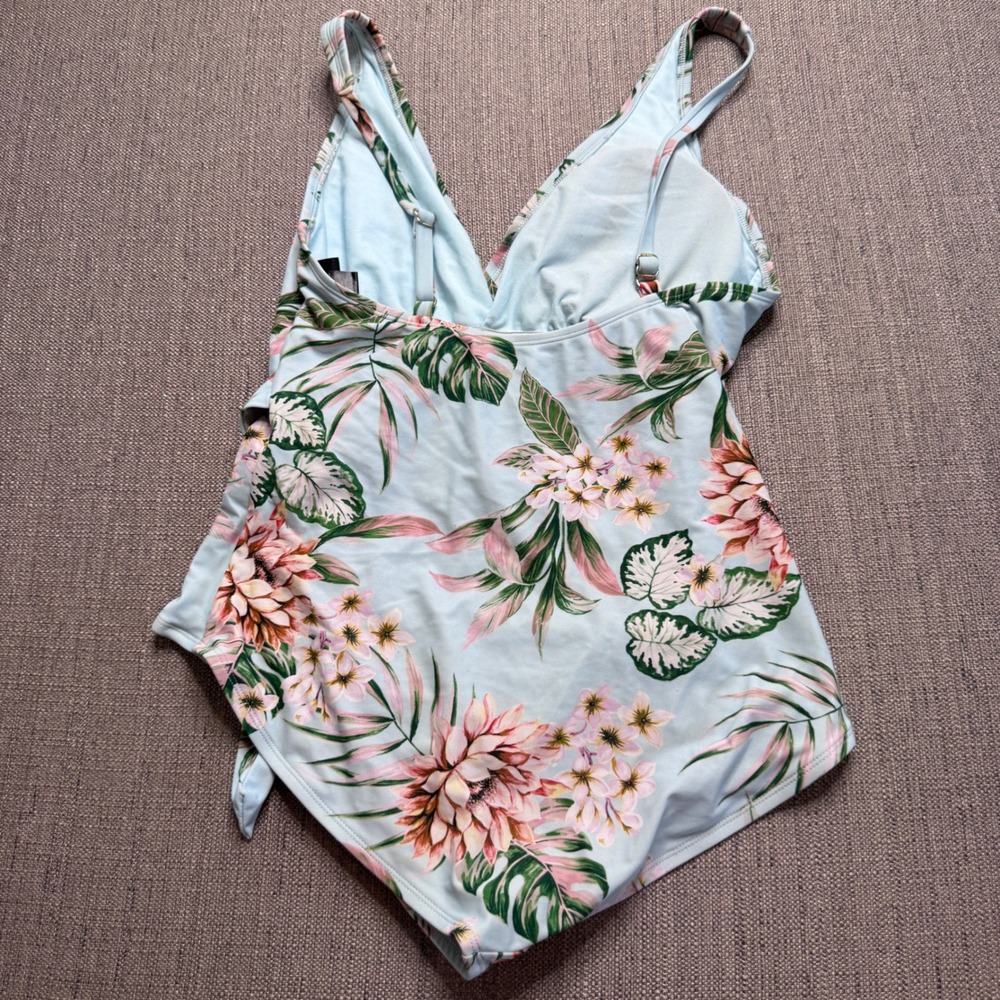 Palisades Beach Club Blue Tropical Floral Wrap One Piece Swimsuit PB09 Large - Picture 5 of 8
